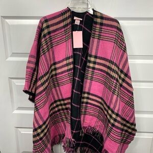 Juicy Couture Reversible Poncho Black Pink Plaid Wrap Shawl One Size NWT